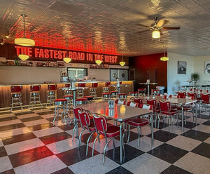 A Retro Diner Look, Upgraded: White Tin Ceiling Tiles at Willow Springs International Raceway