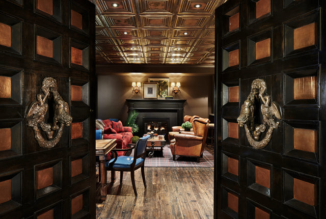 Gold tin ceiling in study