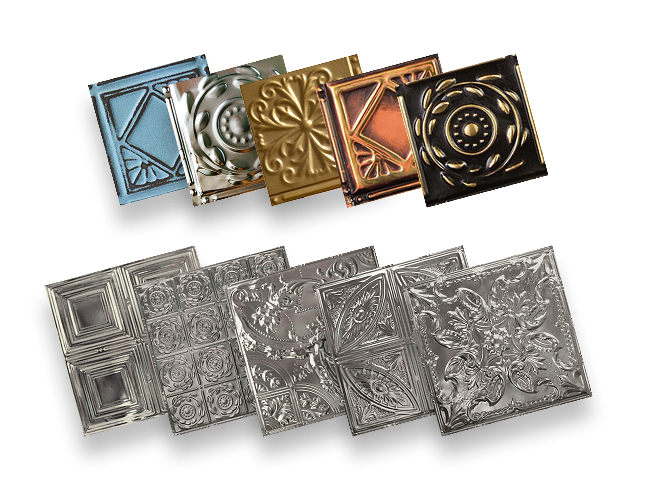 Variety of decorative tin ceiling tile samples in blue, gold, copper, and silver finishes.